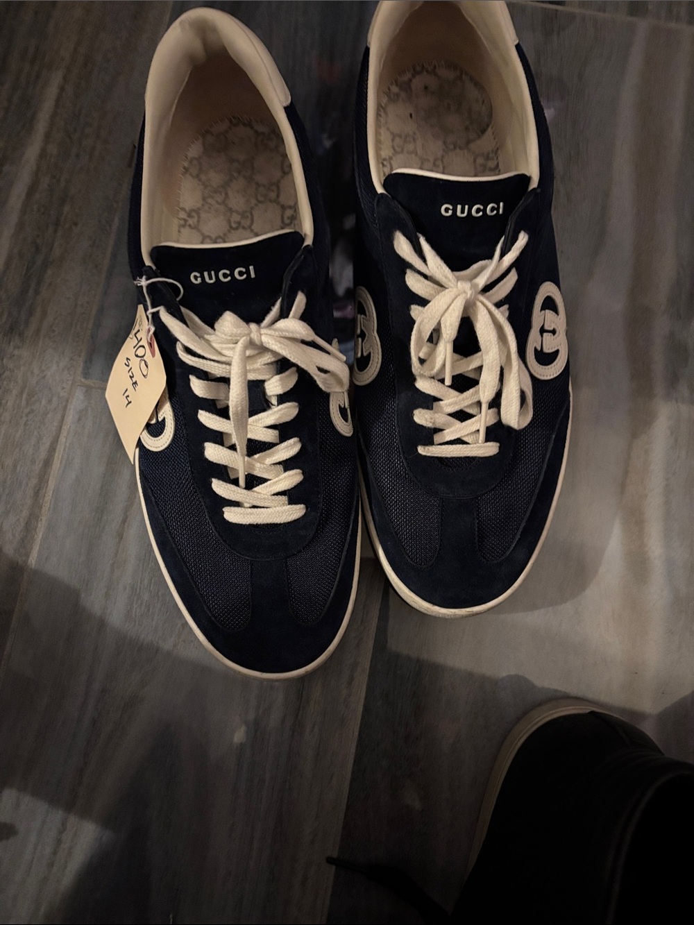 Gucci Men's Navy Suede & Canvas Sneakers with Cream Accents code#791742 14 03H
